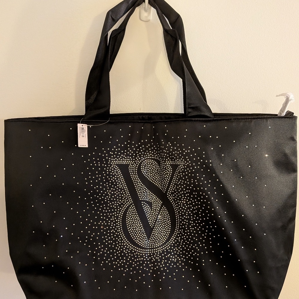 Victoria's Secret Black Sparkle VS Overnight XL Tote Bag Bling Rhinestones NWT